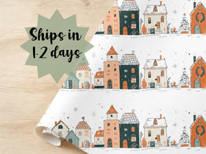 Whimsical Watercolor Wrapping Paper Hand Drawn Illustration Suburban Neighborhood Gift Wrap Christmas Theme Snow Warm Tone Birthday
