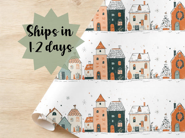 Whimsical Watercolor Wrapping Paper Hand Drawn Illustration Suburban Neighborhood Gift Wrap Christmas Theme Snow Warm Tone Birthday