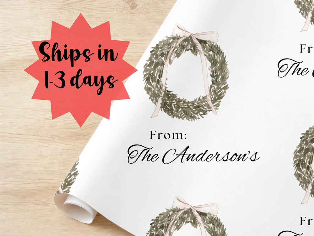 Personalized Minimalist Christmas Wreath Wrapping Paper