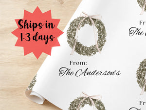 Personalized Minimalist Christmas Wreath Wrapping Paper