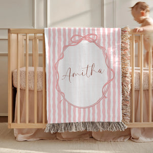 Custom Pink Girly Coquette Bow Stripe Woven Blanket