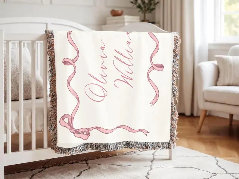Girly Wavy Coquette Bow Pink Blanket Woven