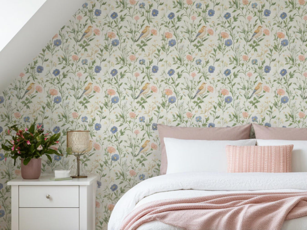 Pastel Bird and Wildflower Wallpaper