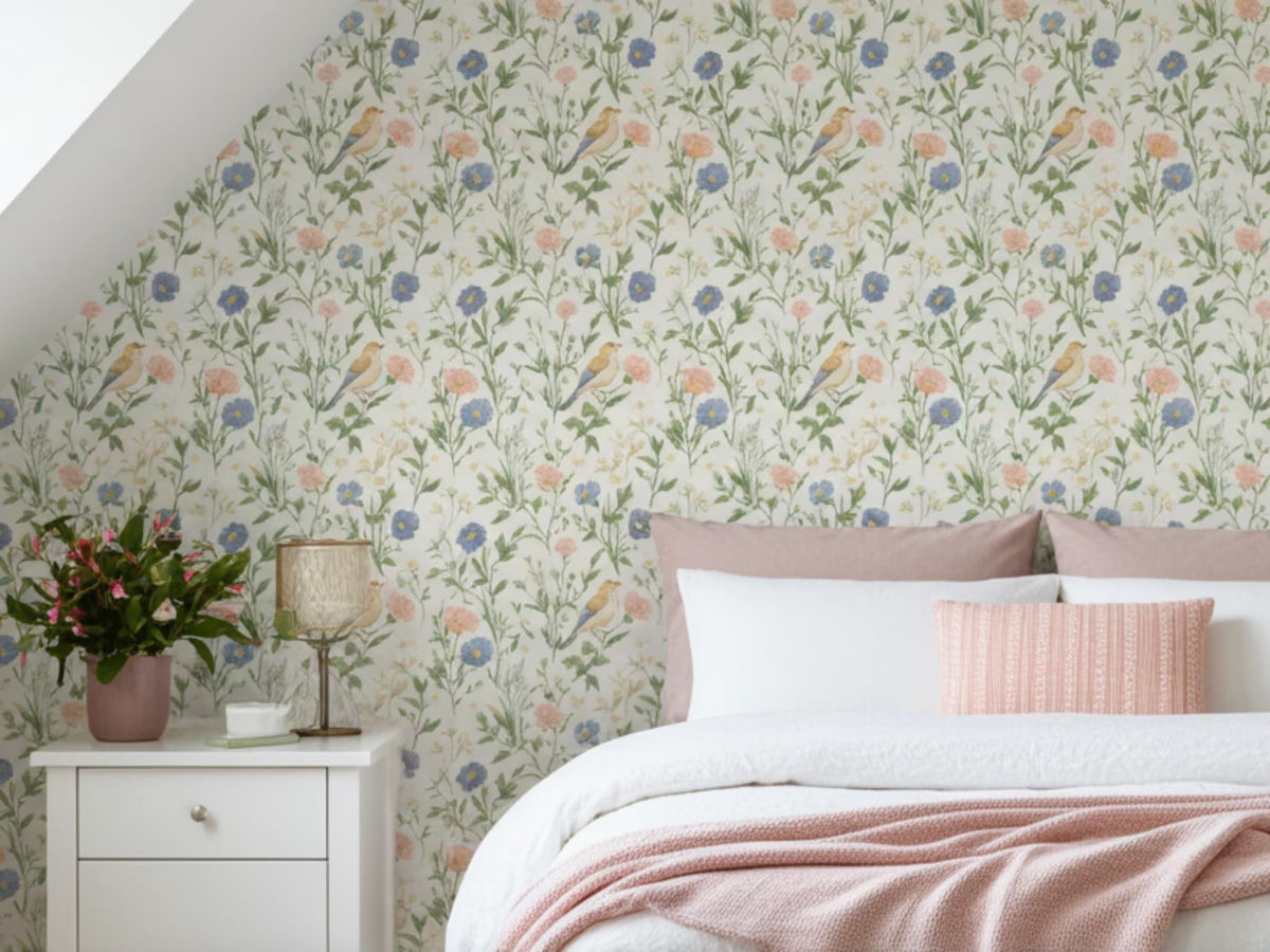 Pastel Bird and Wildflower Wallpaper
