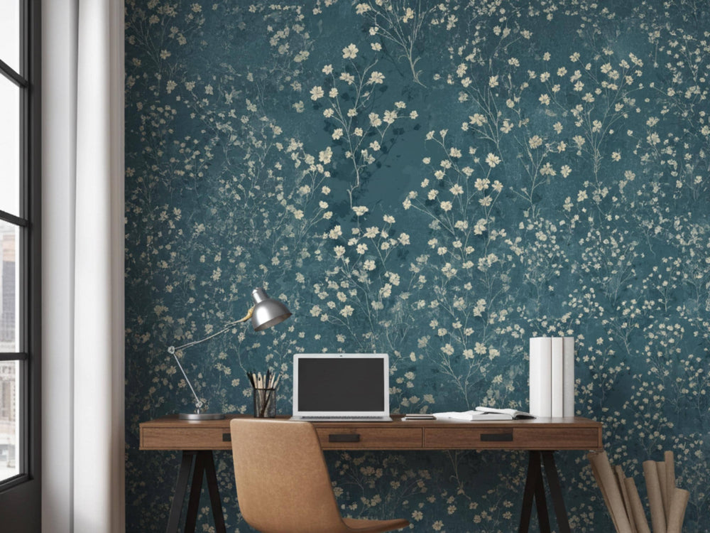 Vintage Floral Wallpaper Teal Blue Wildflower