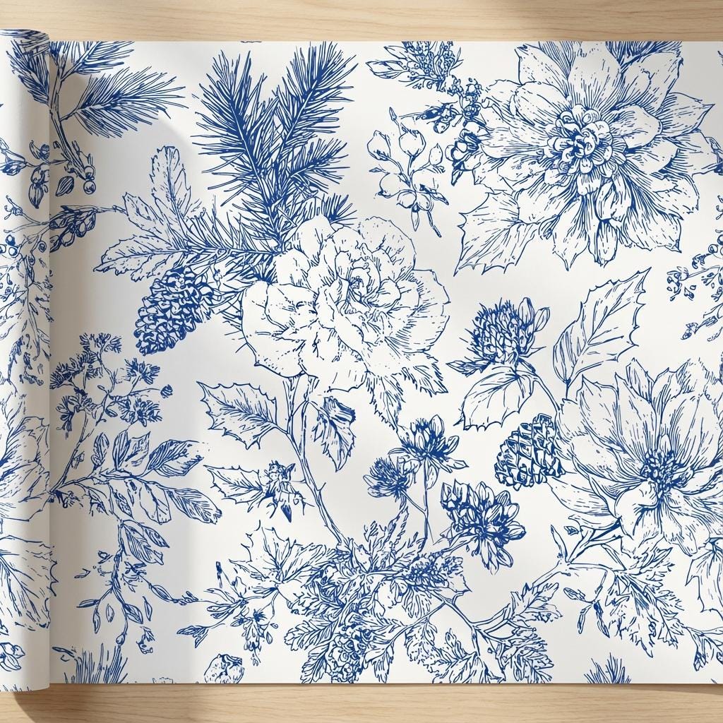 Blue Pine Cone Toile Wallpaper