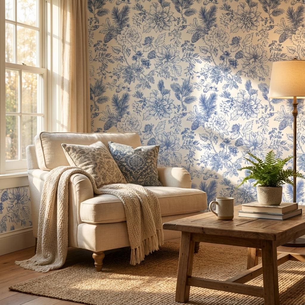 Blue Pine Cone Toile Wallpaper