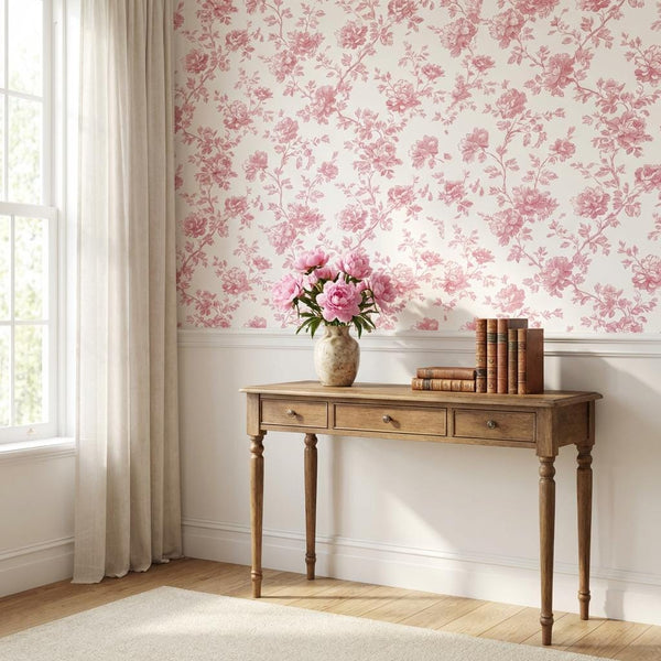 Renter Friendly Rose Toile Print Wallpaper