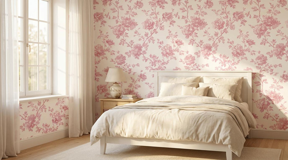 Renter Friendly Rose Toile Print Wallpaper