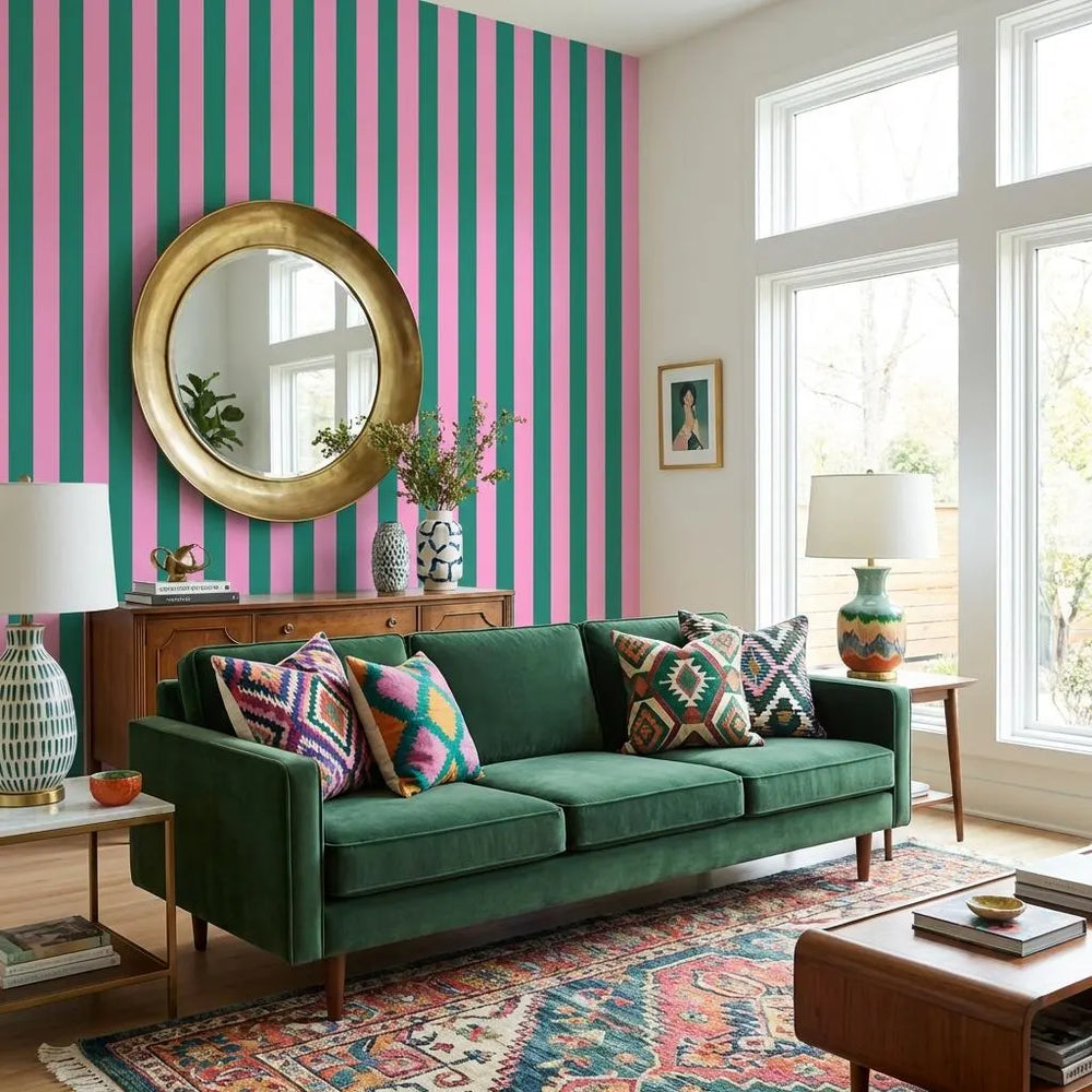 Dark Green and Pink Stripe Wallpaper