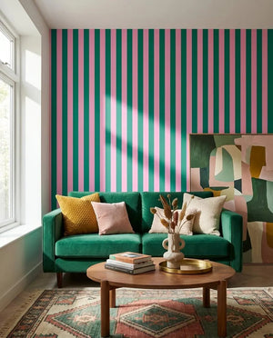 Dark Green and Pink Stripe Wallpaper