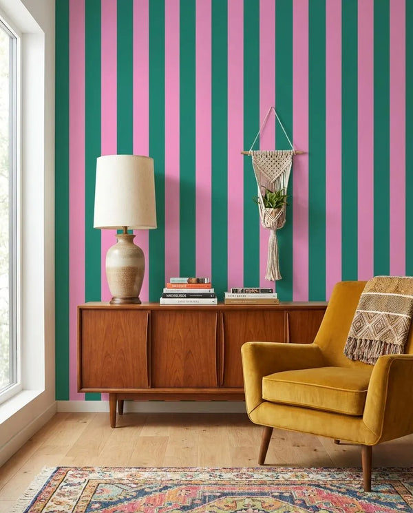 Dark Green and Pink Stripe Wallpaper