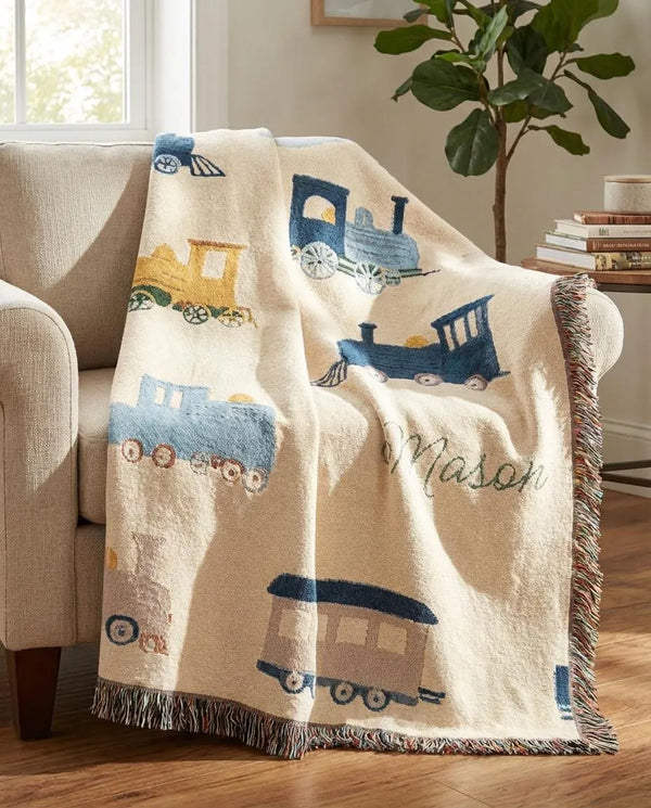 custom name train woven blanket