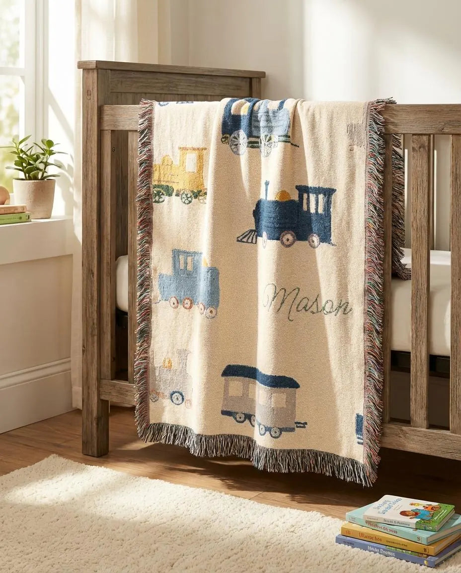 custom name train woven blanket