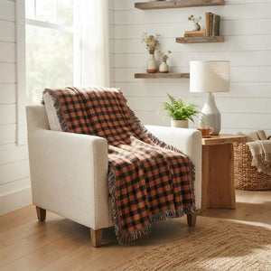 Orange Black Plaid Woven Blanket