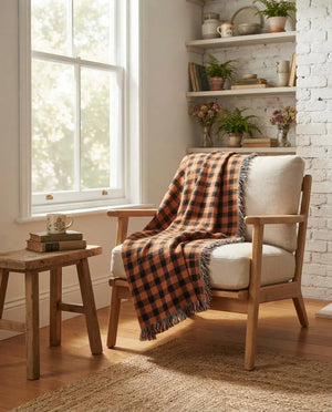 Orange Black Plaid Woven Blanket