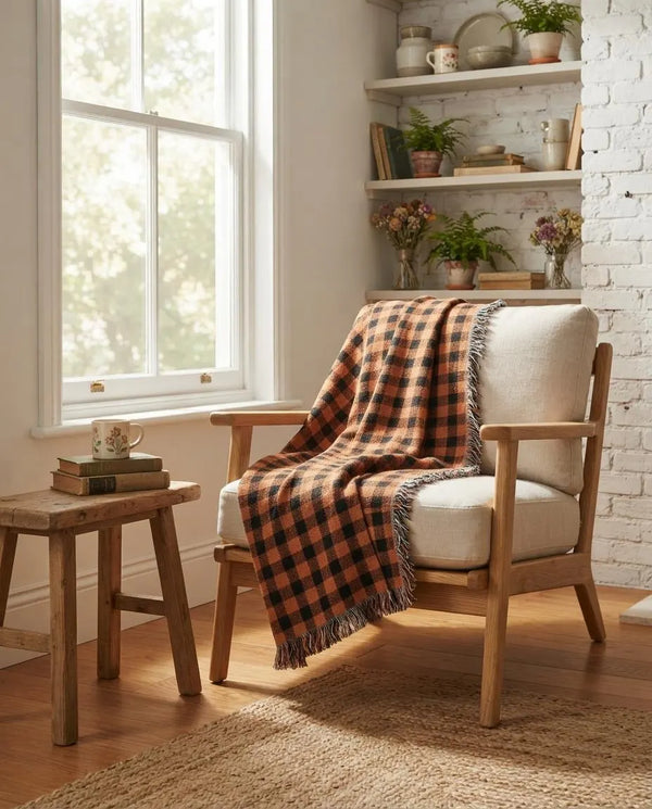 Orange Black Plaid Woven Blanket