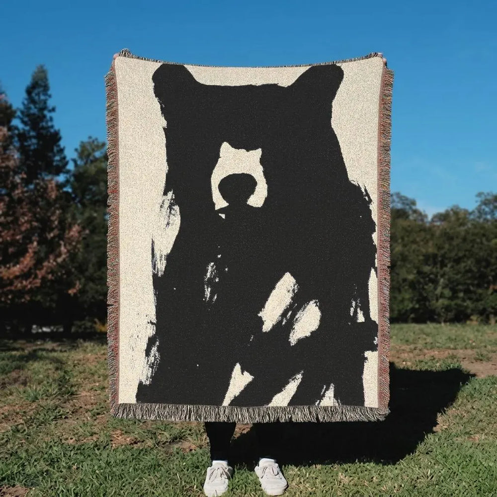 Black Bear Woven Blanket Rustic Cabin Throw