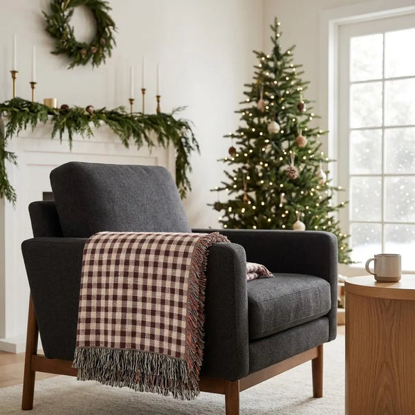 Christmas Plaid Woven Blanket Burgandy Forest Green