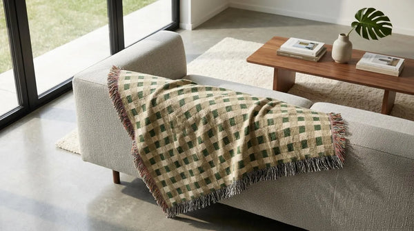 Olive Green Camel Plaid Woven Blanket Cozy