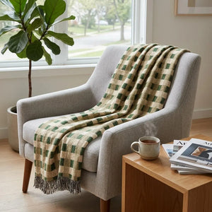 Olive Green Camel Plaid Woven Blanket Cozy