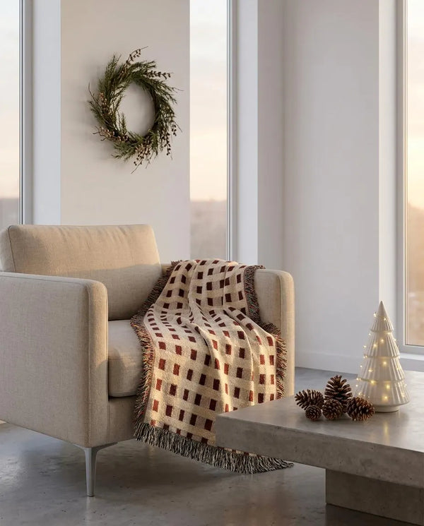Burgundy Cream Plaid Woven Blanket Christmas Throw