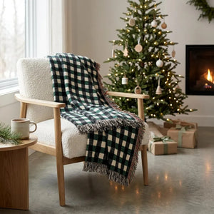 Forest Green Black Plaid Woven Blanket