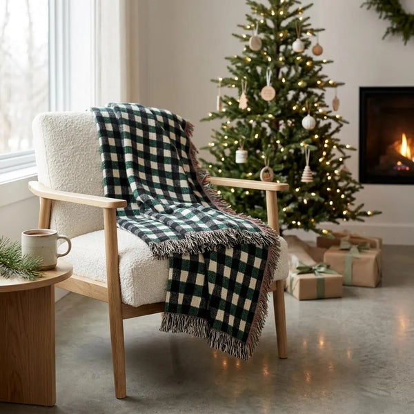 Forest Green Black Plaid Woven Blanket