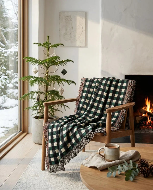 Forest Green Black Plaid Woven Blanket