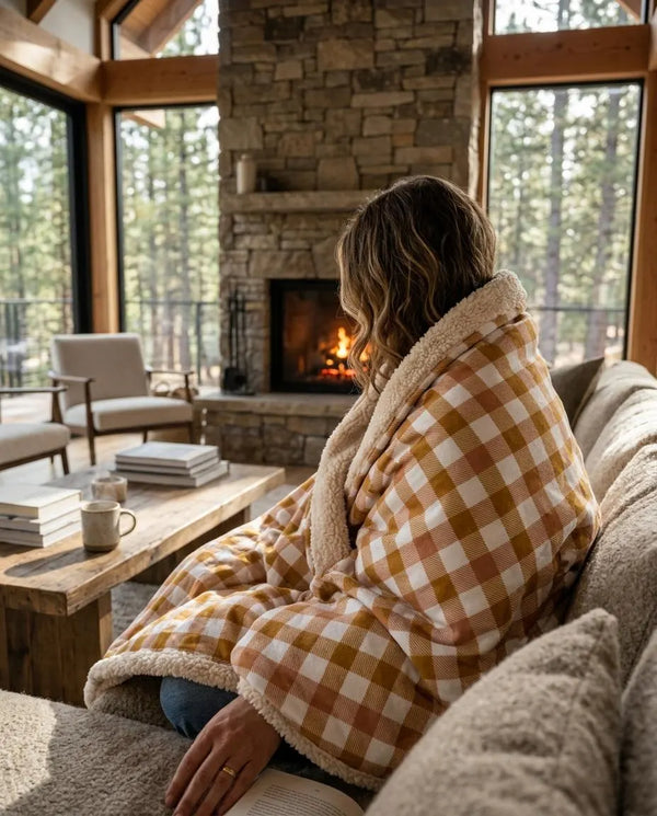Burnt Orange Cream Plaid Woven Blanket