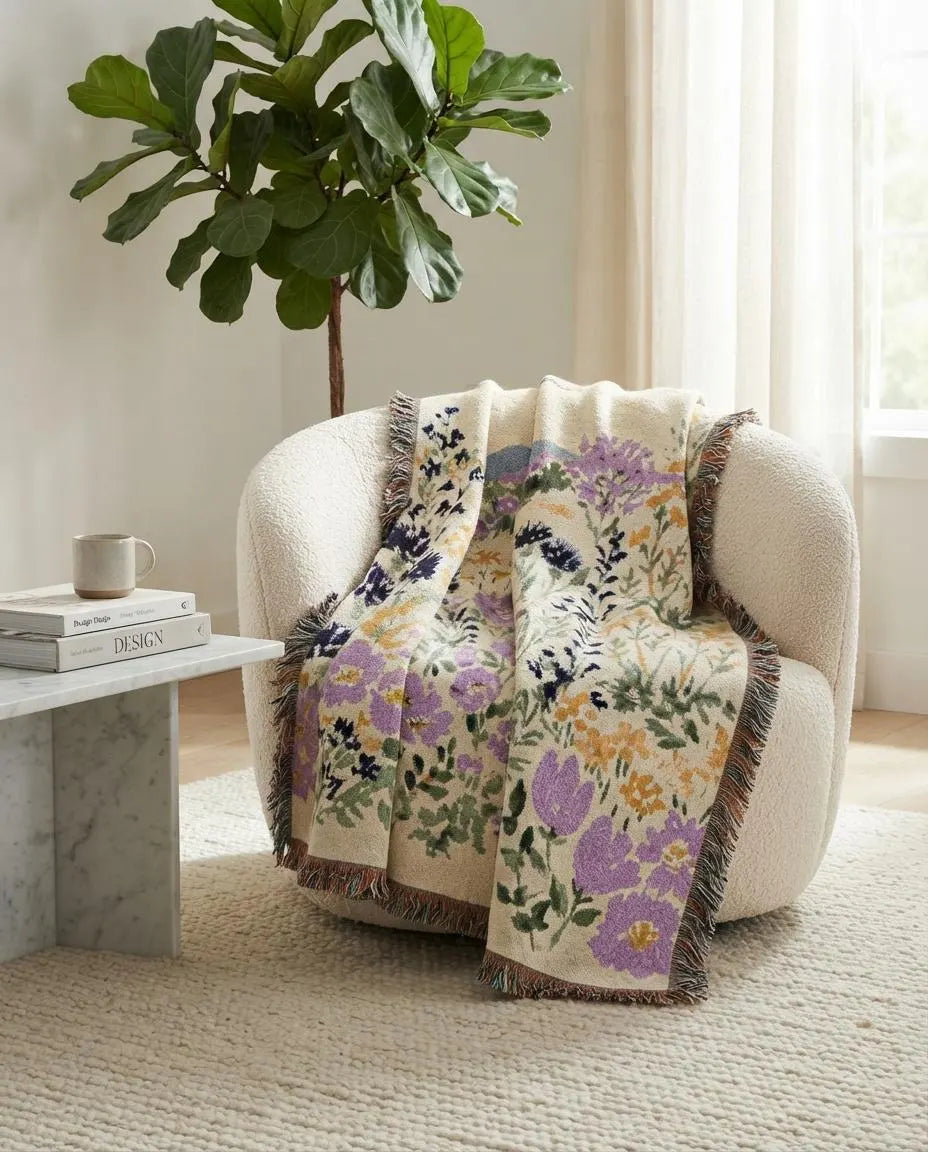Pastel Wildflower Scene Woven Blanket