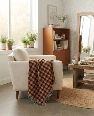 Orange Black Plaid Woven Blanket