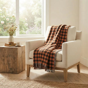 Orange Black Plaid Woven Blanket
