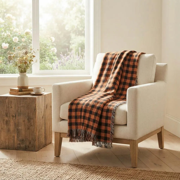 Orange Black Plaid Woven Blanket