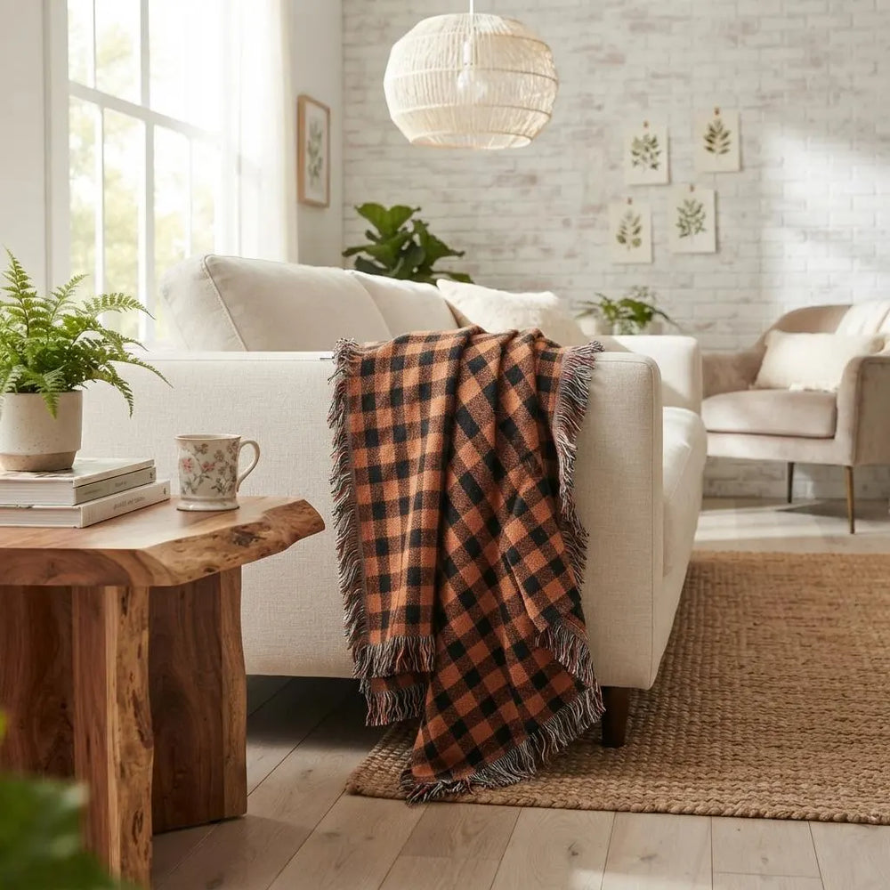 Orange Black Plaid Woven Blanket