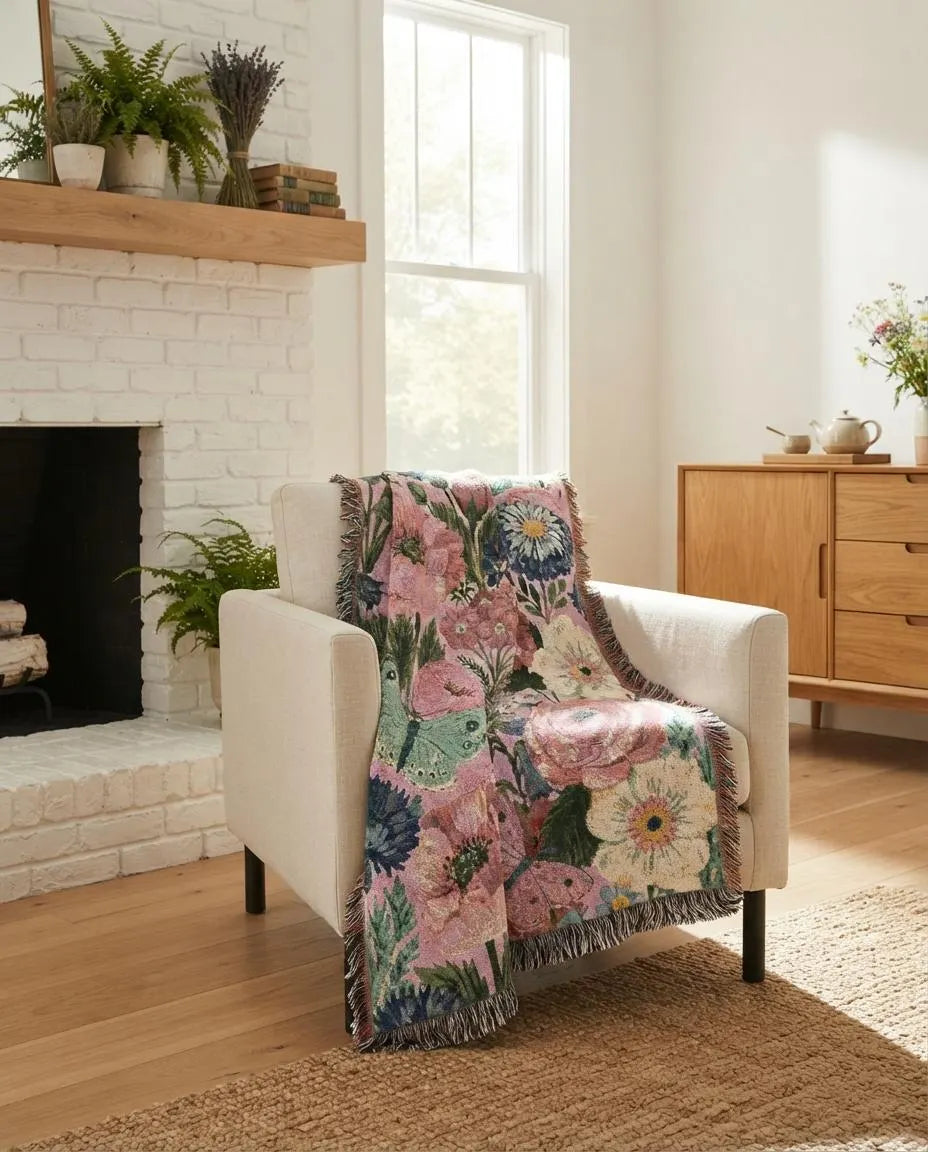 Pastel Wildflower Butterfly Woven Blanket