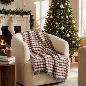 Christmas Plaid Woven Blanket Burgandy Forest Green