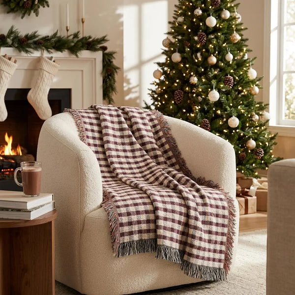 Christmas Plaid Woven Blanket Burgandy Forest Green