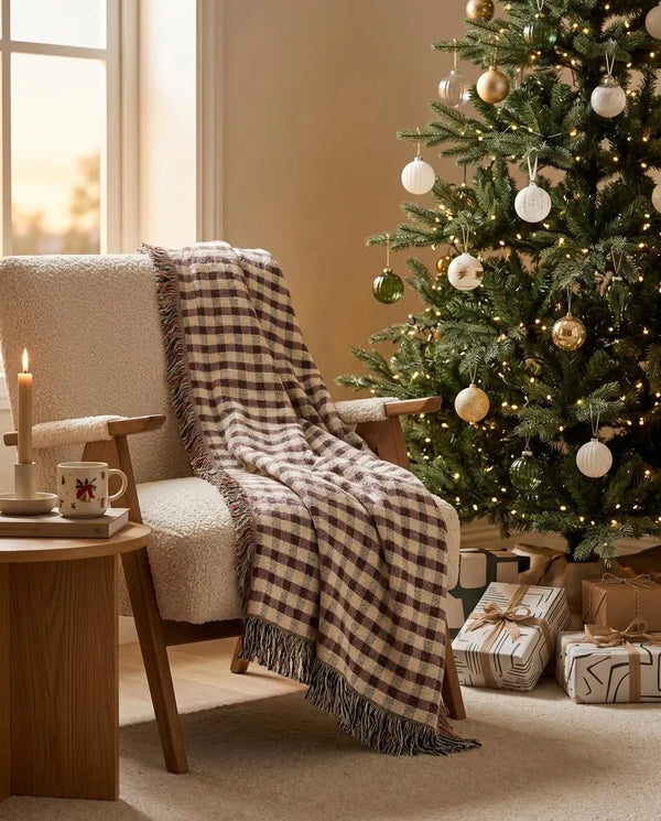 Christmas Plaid Woven Blanket Burgandy Forest Green