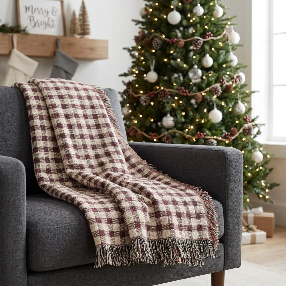 Christmas Plaid Woven Blanket Burgandy Forest Green