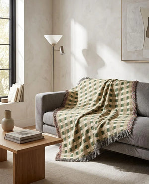 Olive Green Camel Plaid Woven Blanket Cozy