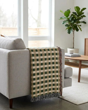 Olive Green Camel Plaid Woven Blanket Cozy