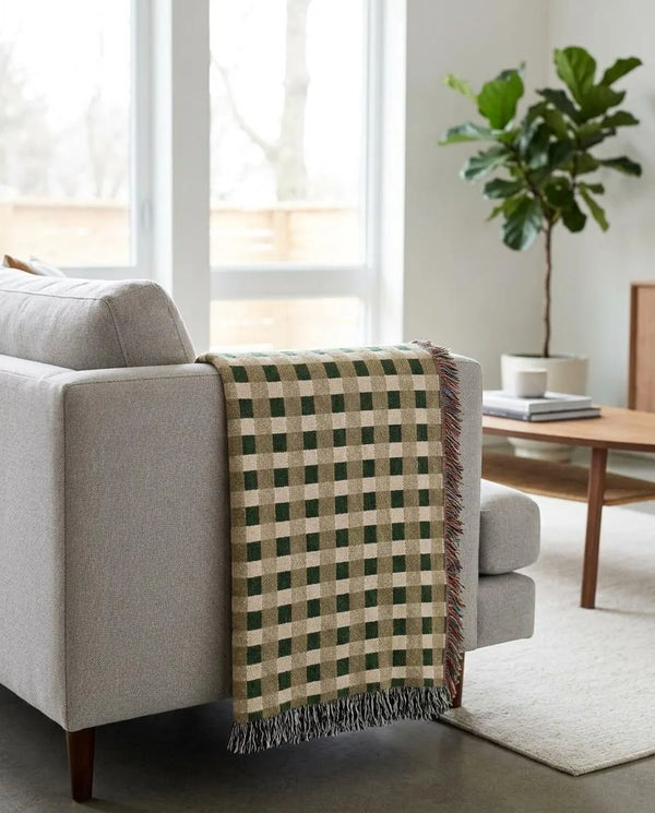 Olive Green Camel Plaid Woven Blanket Cozy
