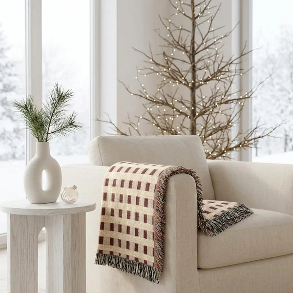 Burgundy Cream Plaid Woven Blanket Christmas Throw
