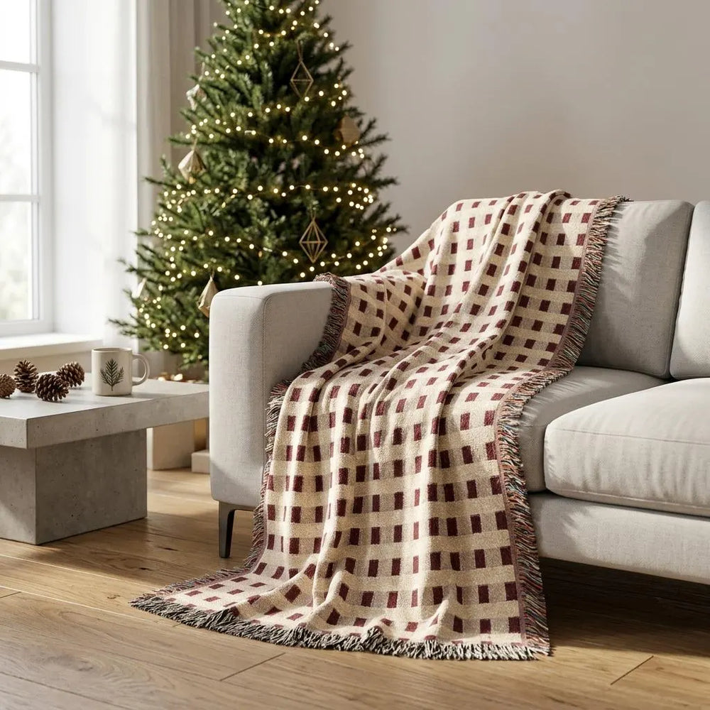 Burgundy Cream Plaid Woven Blanket Christmas Throw