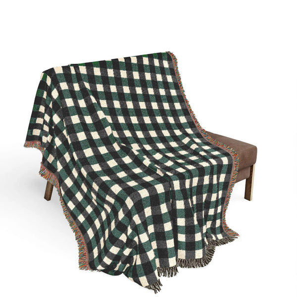 Forest Green Black Plaid Woven Blanket
