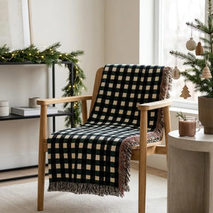 Forest Green Black Plaid Woven Blanket