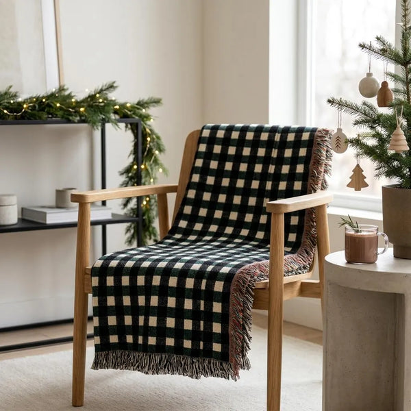 Forest Green Black Plaid Woven Blanket