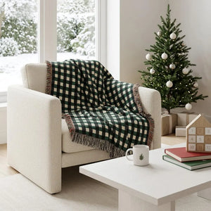 Forest Green Black Plaid Woven Blanket