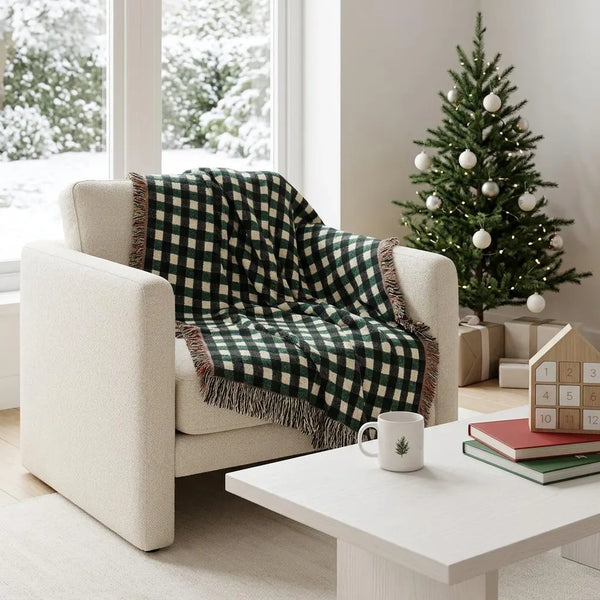Forest Green Black Plaid Woven Blanket